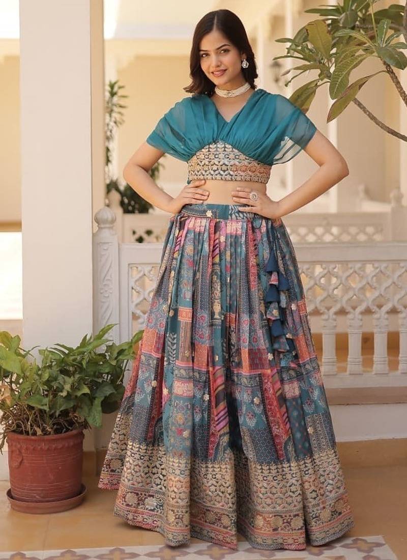 teal silk blend printed Navratri lehenga choli