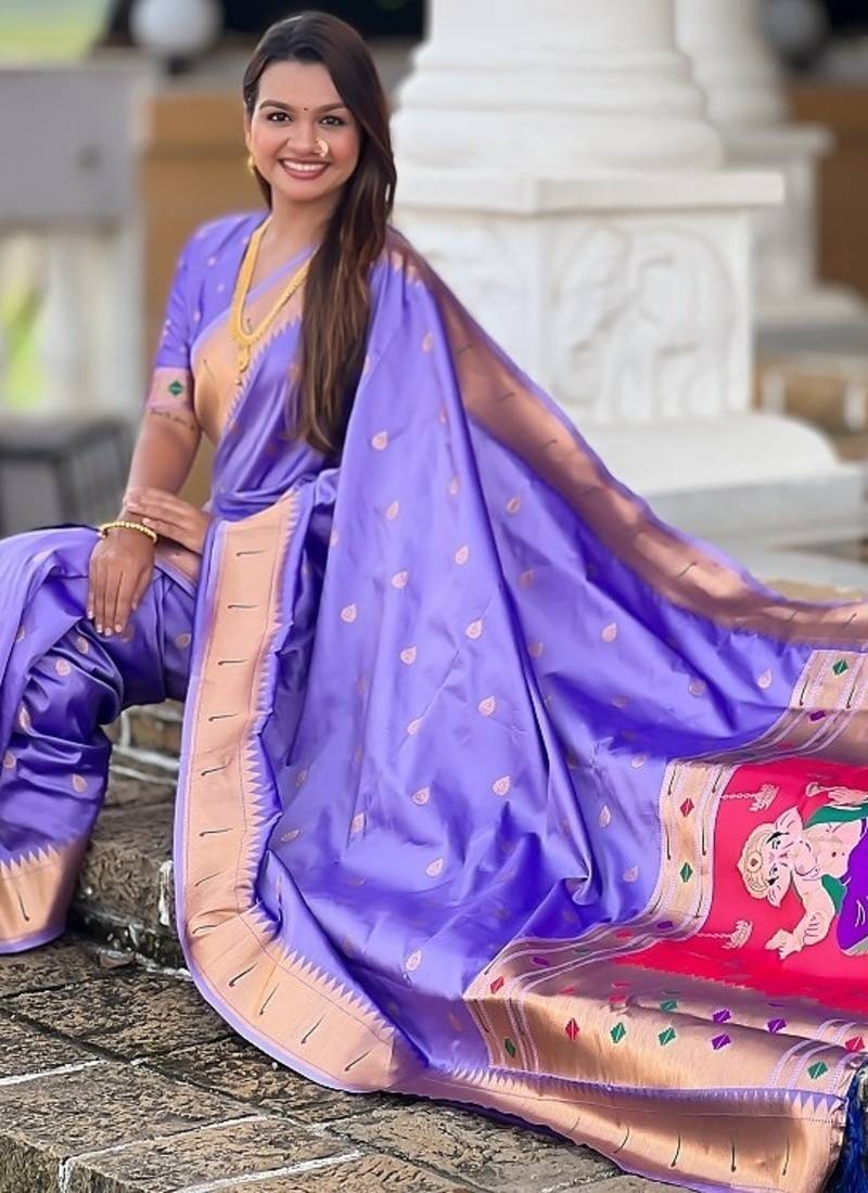 lavender soft paithani style silk blend with meenakari border and lord ganesha pallu saree