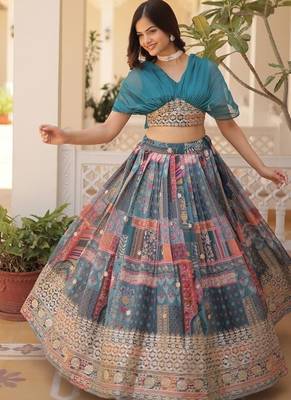 teal silk blend printed navratri lehenga choli with free size upto 44 3