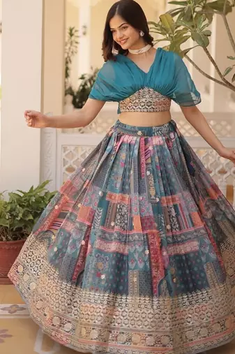 teal silk blend printed Navratri lehenga choli
