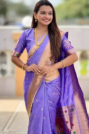 lavender soft paithani style silk blend with meenakari border and lord ganesha pallu saree