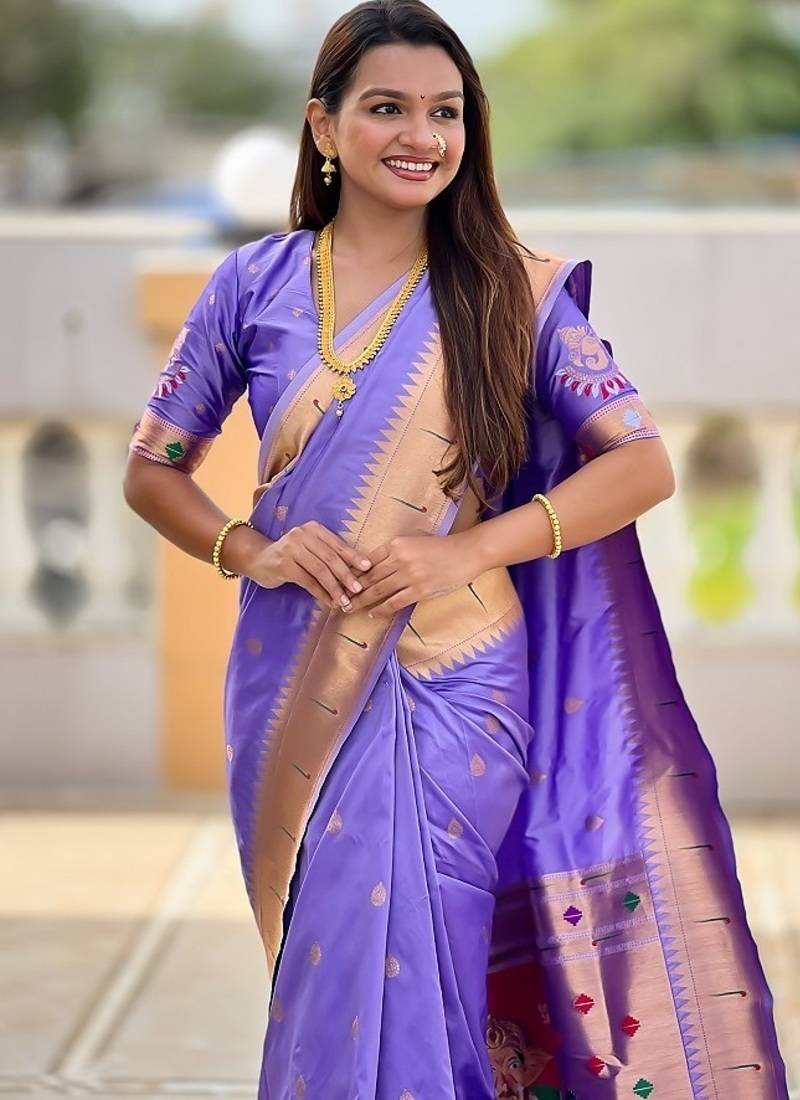 lavender soft paithani style silk blend with meenakari border and lord ganesha pallu saree