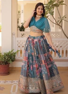 teal silk blend printed navratri lehenga choli with free size upto 44 4