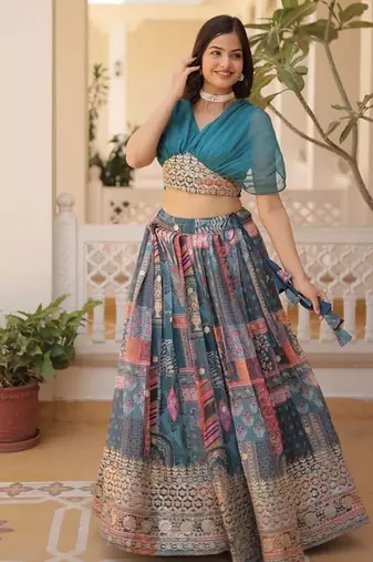 teal silk blend printed Navratri lehenga choli