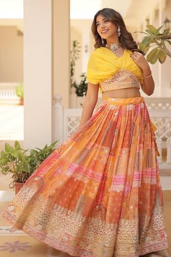 yellow silk blend printed navratri lehenga choli with free size upto 44