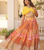 yellow silk blend printed Navratri lehenga choli