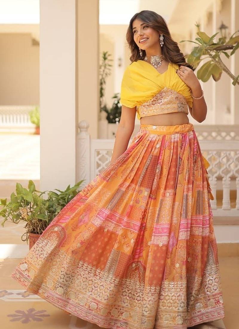 yellow silk blend printed Navratri lehenga choli