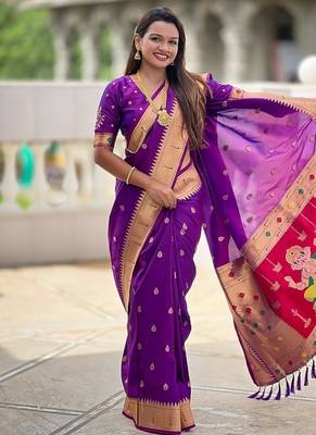 violet soft paithani style silk blend with meenakari border and lord ganesha pallu saree 1