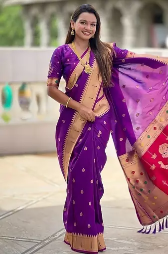 violet soft paithani style silk blend with meenakari border and lord ganesha pallu saree