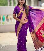 violet soft paithani style silk blend with meenakari border and lord ganesha pallu saree