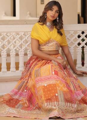 yellow silk blend printed Navratri lehenga choli 2