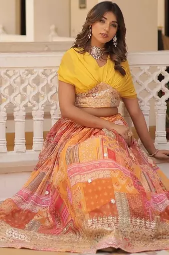 yellow silk blend printed Navratri lehenga choli