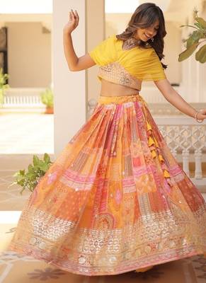 yellow silk blend printed Navratri lehenga choli 3