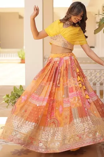 yellow silk blend printed Navratri lehenga choli