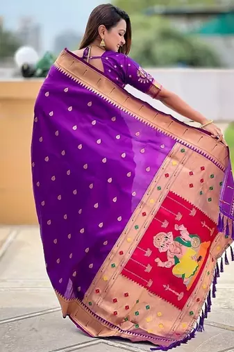 violet soft paithani style silk blend with meenakari border and lord ganesha pallu saree
