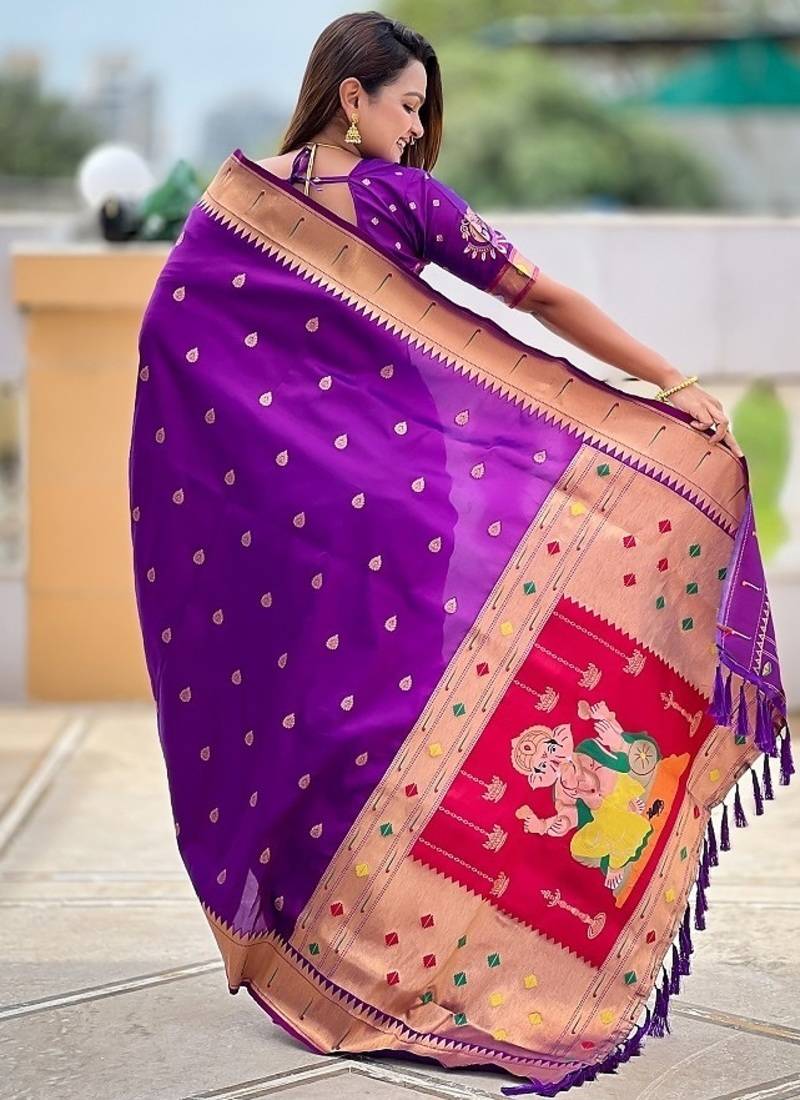 violet soft paithani style silk blend with meenakari border and lord ganesha pallu saree