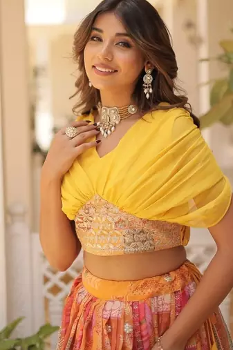 yellow silk blend printed Navratri lehenga choli