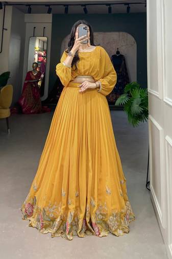 yellow georgette embroidered navratri lehenga choli with free size upto 42