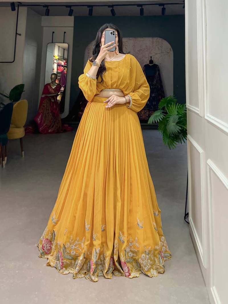 yellow georgette embroidered Navratri lehenga choli
