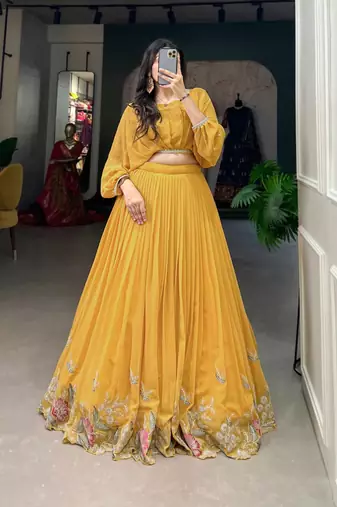 yellow georgette embroidered Navratri lehenga choli