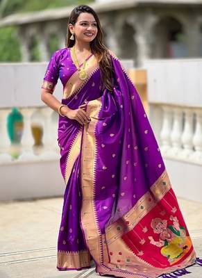 violet soft paithani style silk blend with meenakari border and lord ganesha pallu saree 3