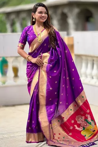 violet soft paithani style silk blend with meenakari border and lord ganesha pallu saree