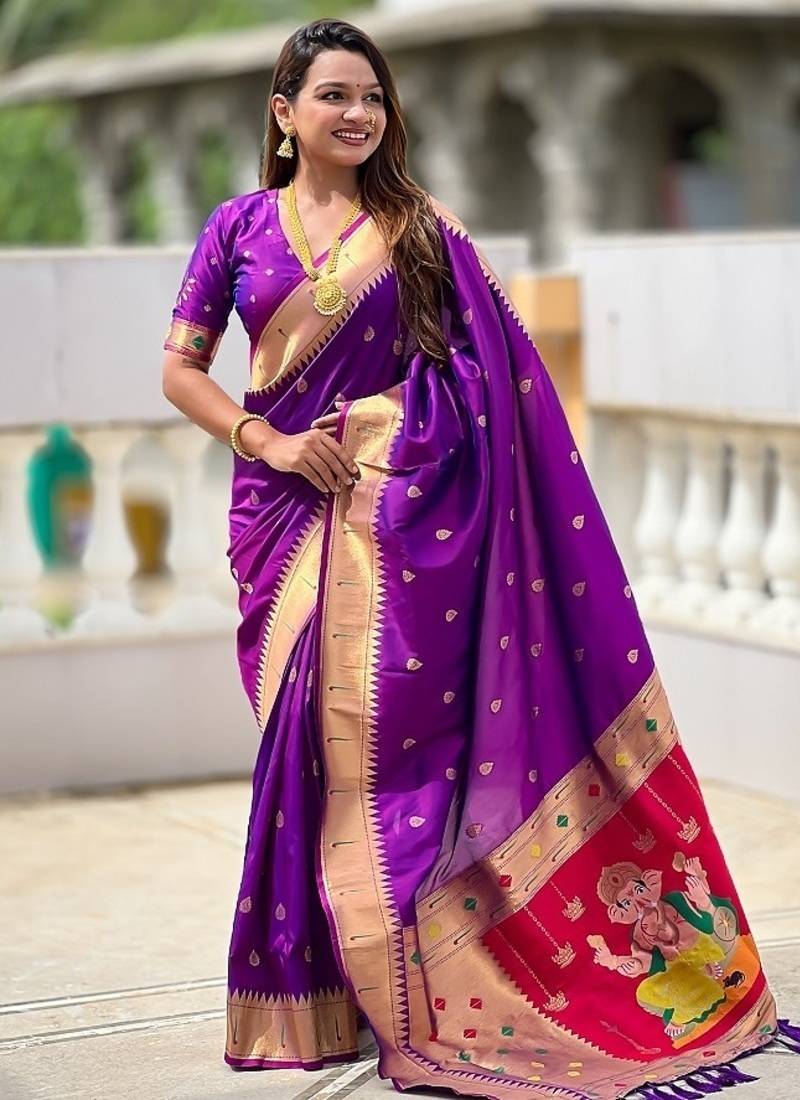 violet soft paithani style silk blend with meenakari border and lord ganesha pallu saree
