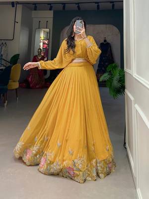 yellow georgette embroidered Navratri lehenga choli 3