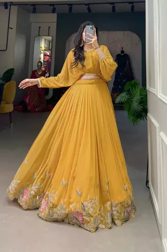 yellow georgette embroidered Navratri lehenga choli