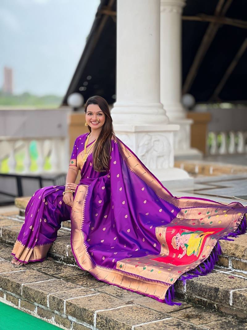 violet soft paithani style silk blend with meenakari border and lord ganesha pallu saree