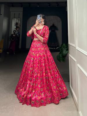 red silk blend printed navratri lehenga choli with free size upto 42 1