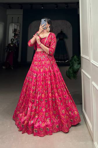 red silk blend printed navratri lehenga choli with free size upto 42