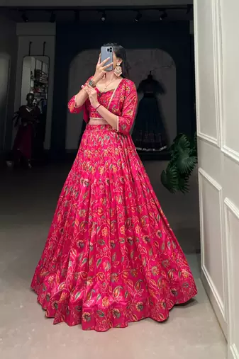 red silk blend printed Navratri lehenga choli