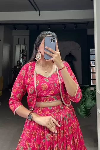 red silk blend printed Navratri lehenga choli