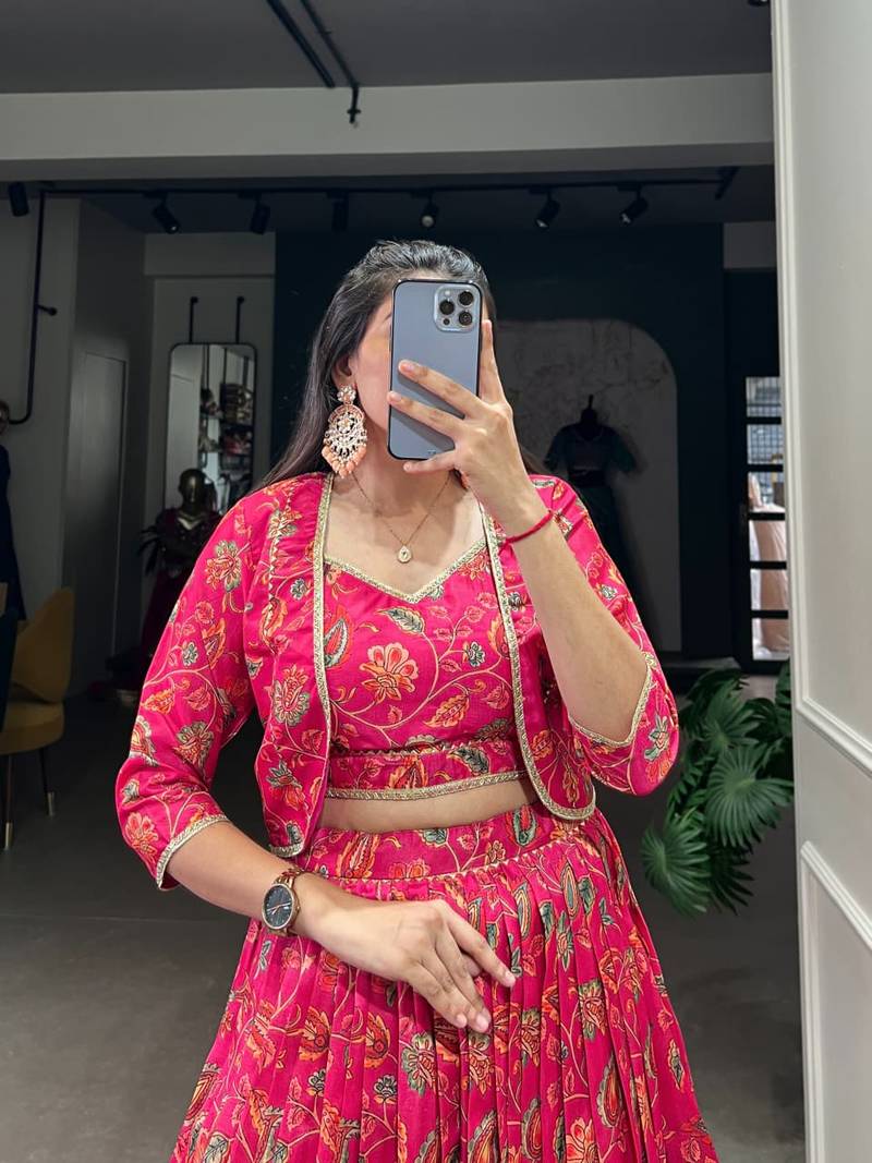 red silk blend printed Navratri lehenga choli