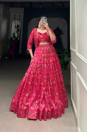 red silk blend printed Navratri lehenga choli