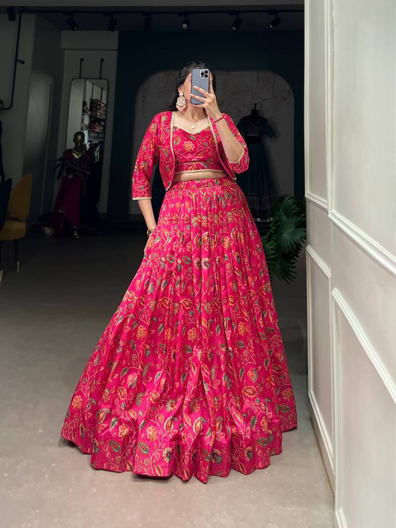 red silk blend printed Navratri lehenga choli