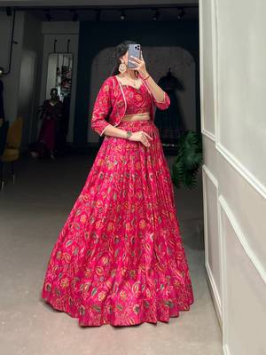 red silk blend printed navratri lehenga choli with free size upto 42 4