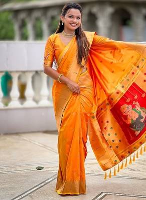 orange soft paithani style silk blend with meenakari border and lord ganesha pallu saree 1