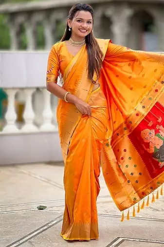 orange soft paithani style silk blend with meenakari border and lord ganesha pallu saree