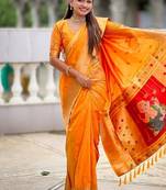 orange soft paithani style silk blend with meenakari border and lord ganesha pallu saree
