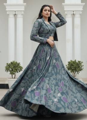 grey silk blend printed navratri lehenga choli with free size upto 42 1