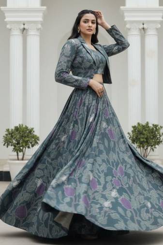 grey silk blend printed navratri lehenga choli with free size upto 42