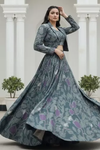 grey silk blend printed Navratri lehenga choli