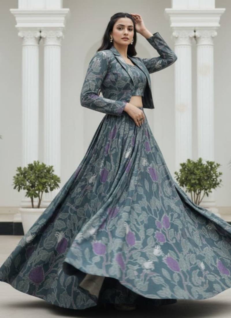 grey silk blend printed Navratri lehenga choli