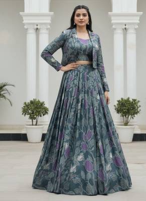 grey silk blend printed navratri lehenga choli with free size upto 42 2