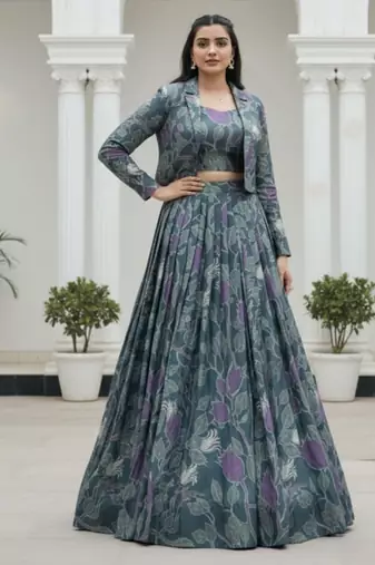 grey silk blend printed Navratri lehenga choli