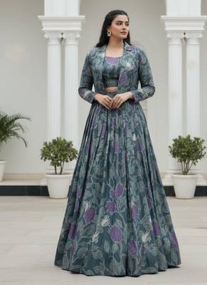 grey silk blend printed navratri lehenga choli with free size upto 42 3