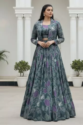 grey silk blend printed Navratri lehenga choli