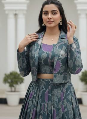 grey silk blend printed navratri lehenga choli with free size upto 42 4